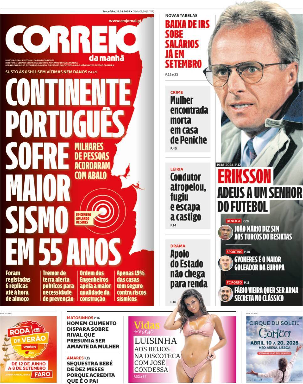 Correio da Manh&atilde;: Capa da Edi&ccedil;&atilde;o de ter&ccedil;a-feira, 27 de agosto 2024