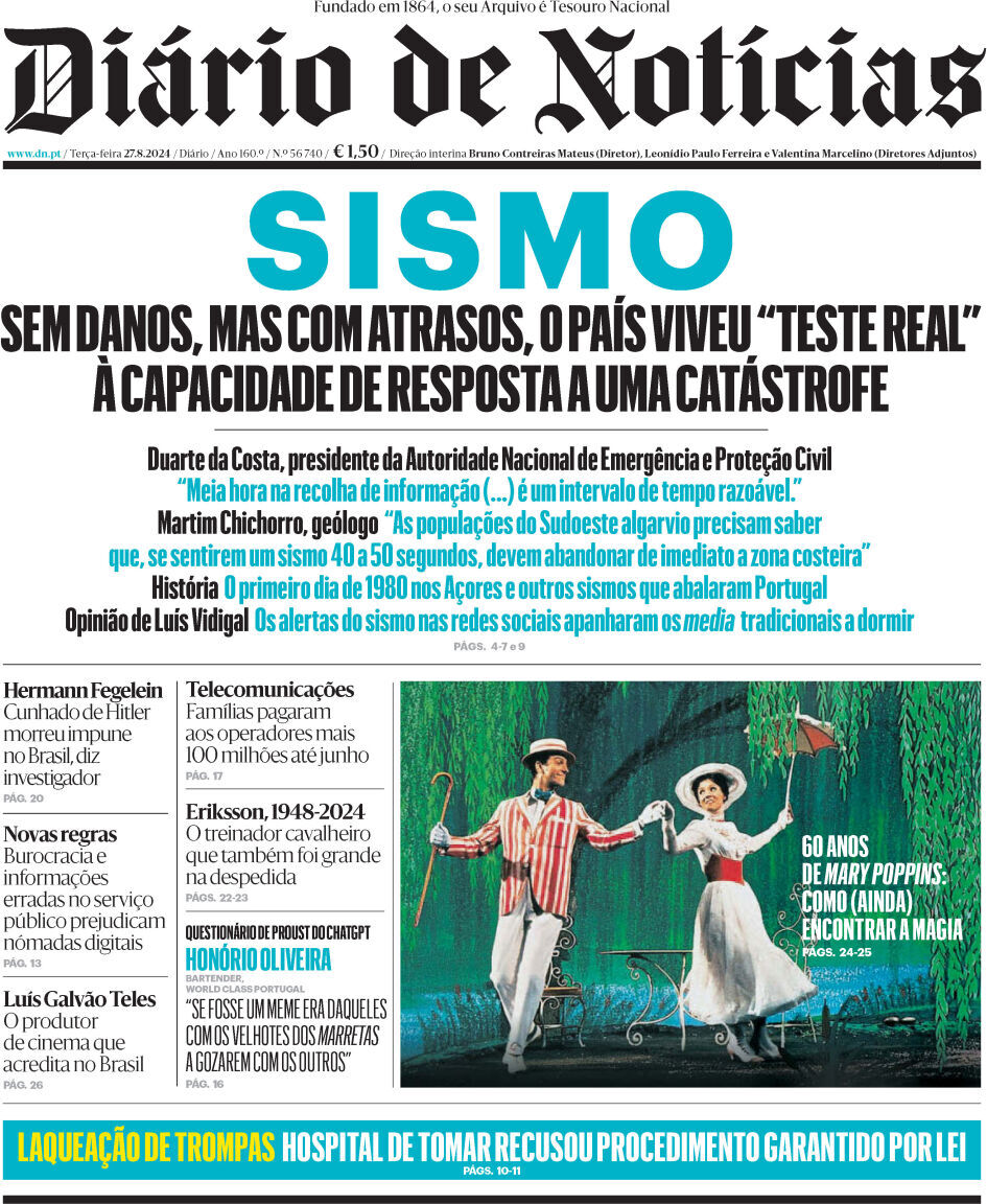 Di&aacute;rio de Not&iacute;cias: Capa da Edi&ccedil;&atilde;o de ter&ccedil;a-feira, 27 de agosto 2024