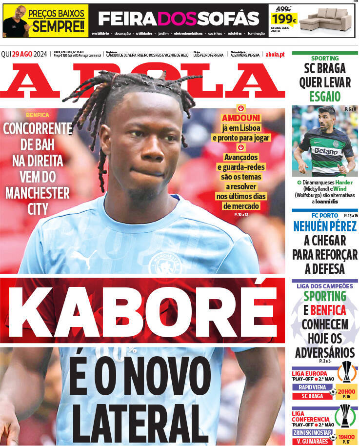 A Bola: Capa da Edi&ccedil;&atilde;o de quinta-feira, 29 de agosto 2024