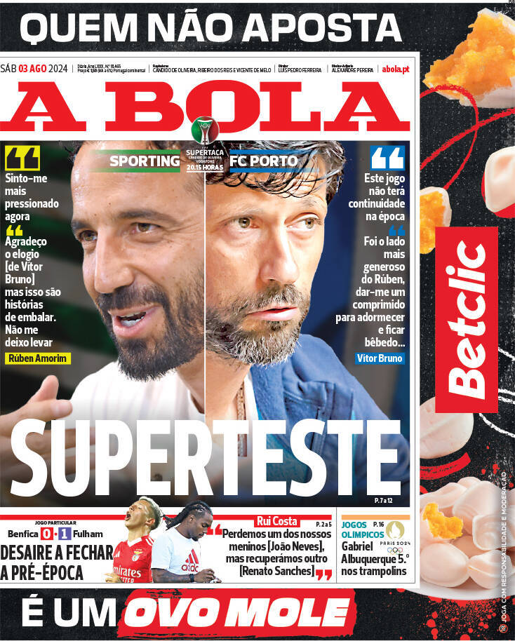 A Bola: Capa da Edi&ccedil;&atilde;o de s&aacute;bado, 03 de agosto 2024