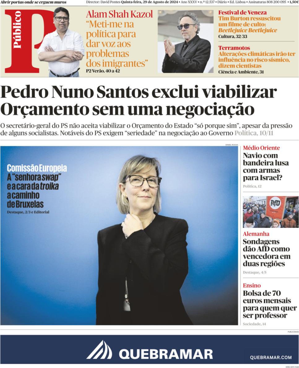 P&uacute;blico: Capa da Edi&ccedil;&atilde;o de quinta-feira, 29 de agosto 2024
