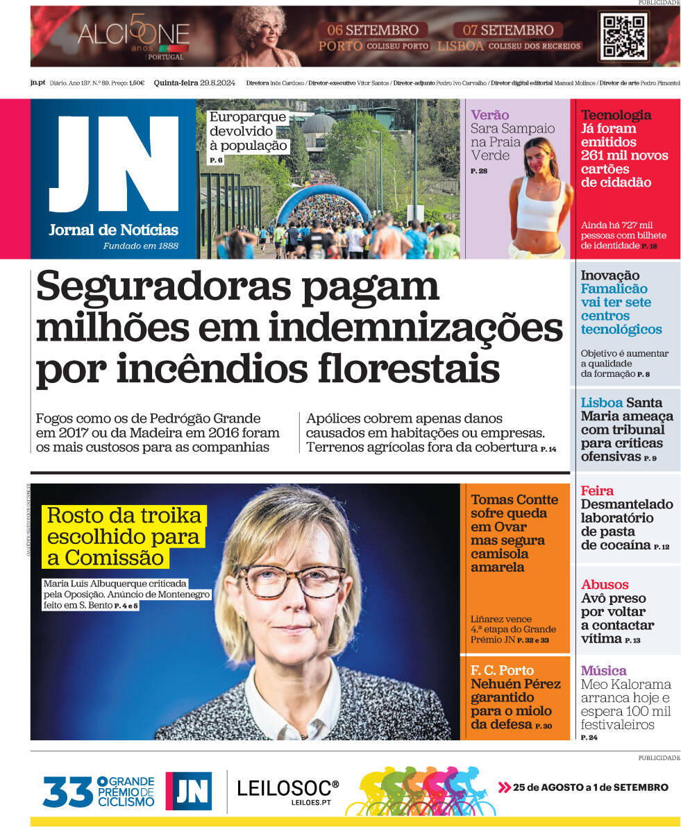 Jornal de Not&iacute;cias: Capa da Edi&ccedil;&atilde;o de quinta-feira, 29 de agosto 2024