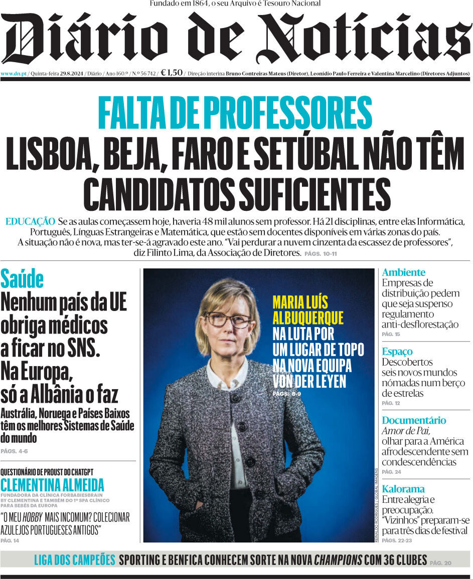 Di&aacute;rio de Not&iacute;cias: Capa da Edi&ccedil;&atilde;o de quinta-feira, 29 de agosto 2024