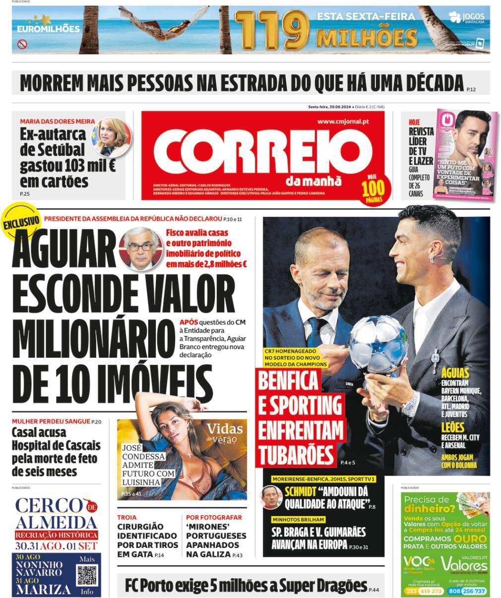 Correio da Manh&atilde;: Capa da Edi&ccedil;&atilde;o de sexta-feira, 30 de agosto 2024