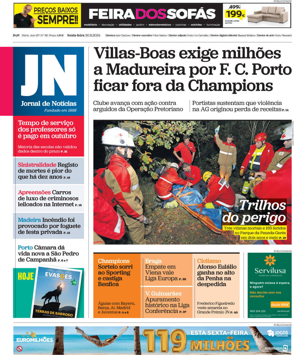 Jornal de Not&iacute;cias: Capa da Edi&ccedil;&atilde;o de sexta-feira, 30 de agosto 2024