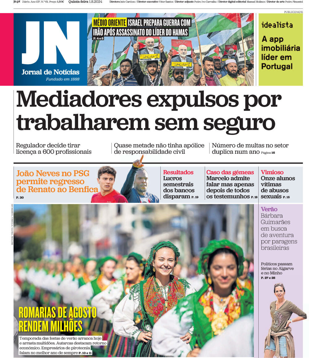 Jornal de Not&iacute;cias: Capa da Edi&ccedil;&atilde;o de quinta-feira, 01 de agosto 2024