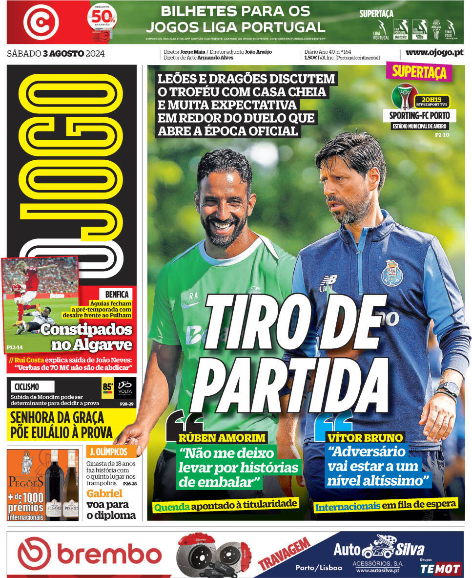 O Jogo: Capa da Edi&ccedil;&atilde;o de s&aacute;bado, 03 de agosto 2024