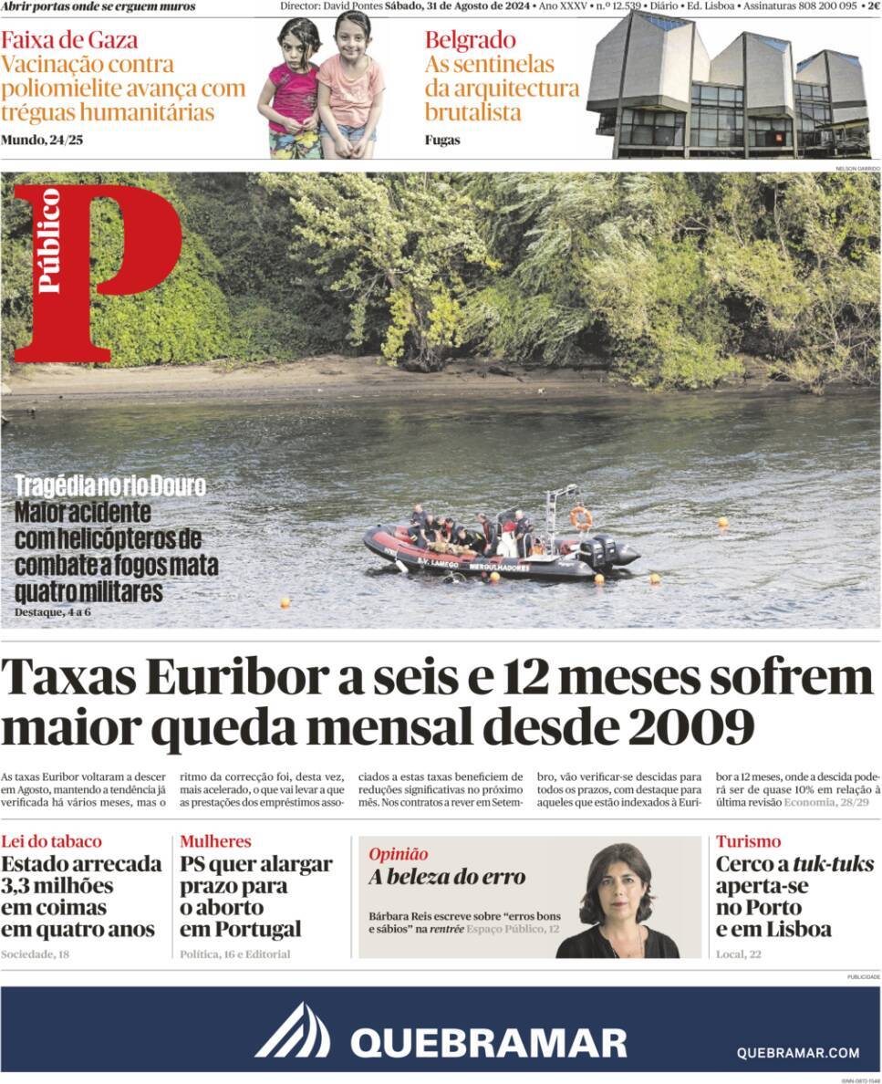 P&uacute;blico: Capa da Edi&ccedil;&atilde;o de s&aacute;bado, 31 de agosto 2024