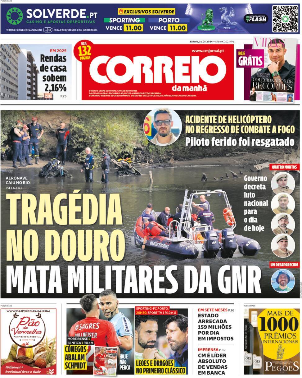 Correio da Manh&atilde;: Capa da Edi&ccedil;&atilde;o de s&aacute;bado, 31 de agosto 2024