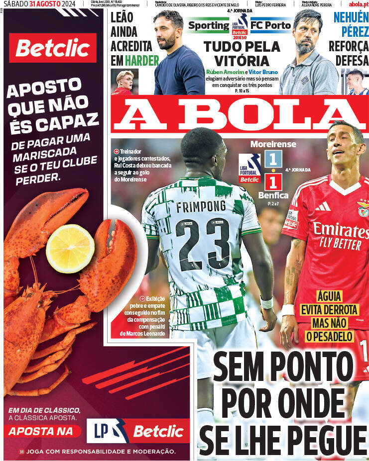 A Bola: Capa da Edi&ccedil;&atilde;o de s&aacute;bado, 31 de agosto 2024