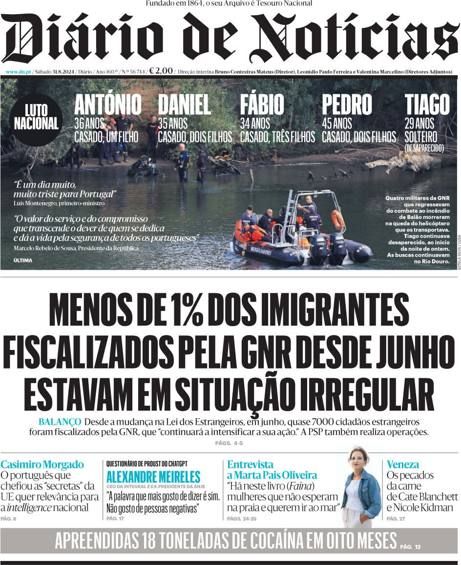 Di&aacute;rio de Not&iacute;cias: Capa da Edi&ccedil;&atilde;o de s&aacute;bado, 31 de agosto 2024