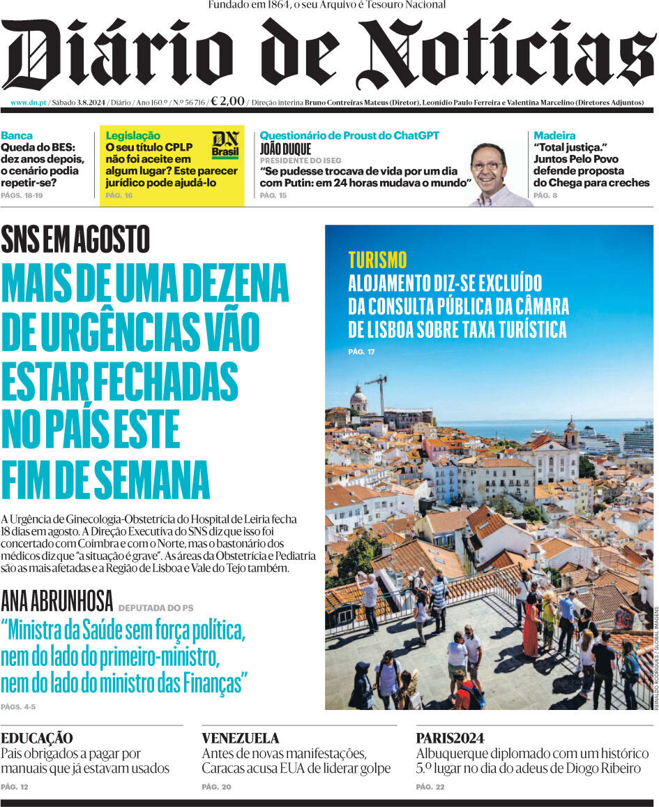 Di&aacute;rio de Not&iacute;cias: Capa da Edi&ccedil;&atilde;o de s&aacute;bado, 03 de agosto 2024