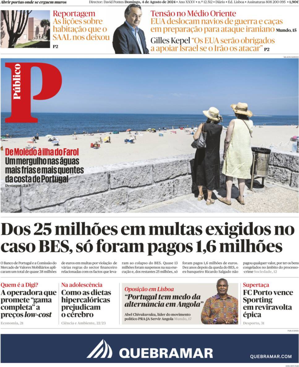 P&uacute;blico: Capa da Edi&ccedil;&atilde;o de domingo, 04 de agosto 2024