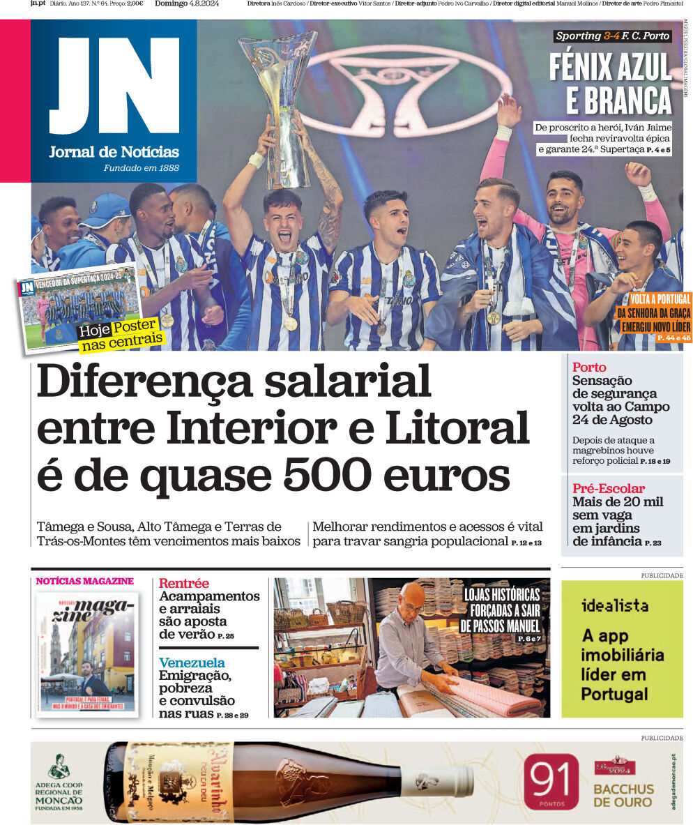 Jornal de Not&iacute;cias: Capa da Edi&ccedil;&atilde;o de domingo, 04 de agosto 2024