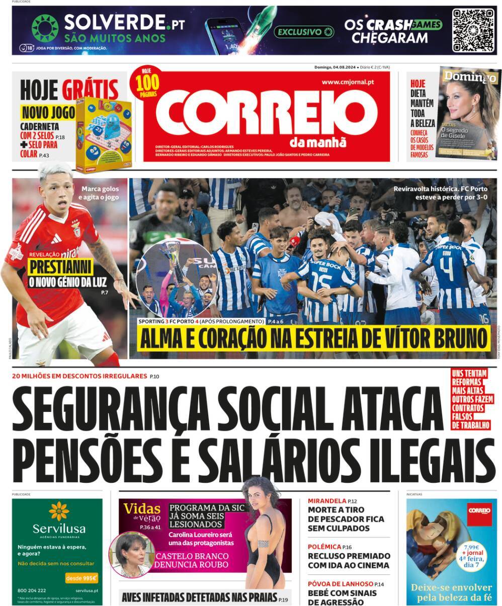 Correio da Manh&atilde;: Capa da Edi&ccedil;&atilde;o de domingo, 04 de agosto 2024