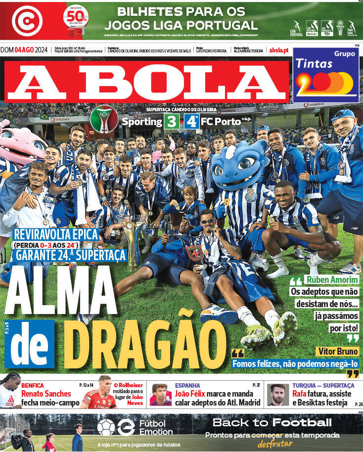 A Bola: Capa da Edi&ccedil;&atilde;o de domingo, 04 de agosto 2024