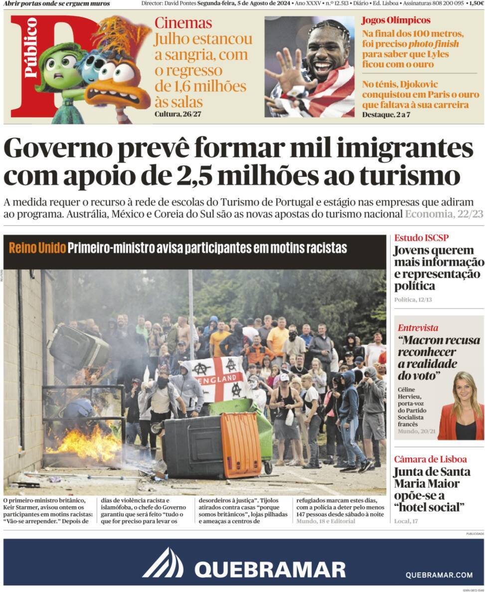 P&uacute;blico: Capa da Edi&ccedil;&atilde;o de segunda-feira, 05 de agosto 2024