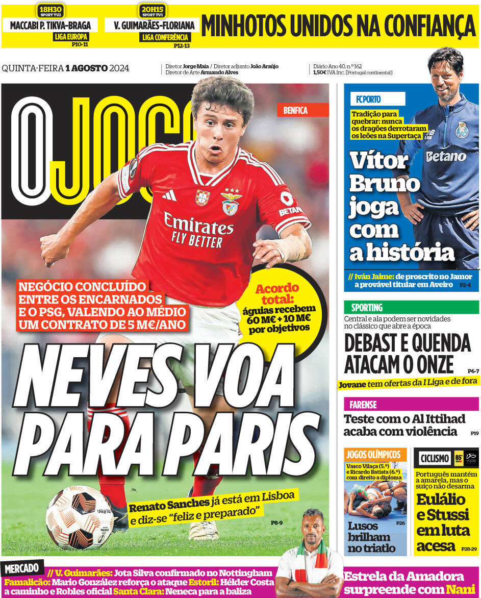 O Jogo: Capa da Edi&ccedil;&atilde;o de quinta-feira, 01 de agosto 2024