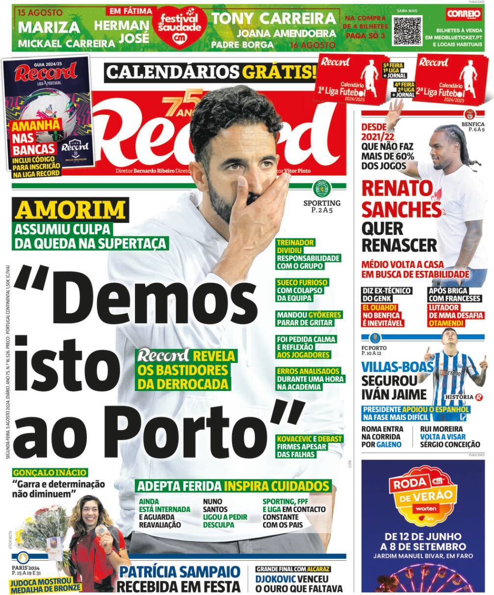 Record: Capa da Edi&ccedil;&atilde;o de segunda-feira, 05 de agosto 2024