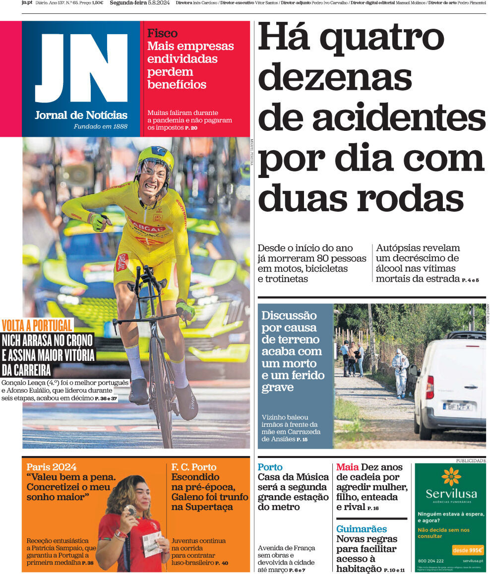 Jornal de Not&iacute;cias: Capa da Edi&ccedil;&atilde;o de segunda-feira, 05 de agosto 2024