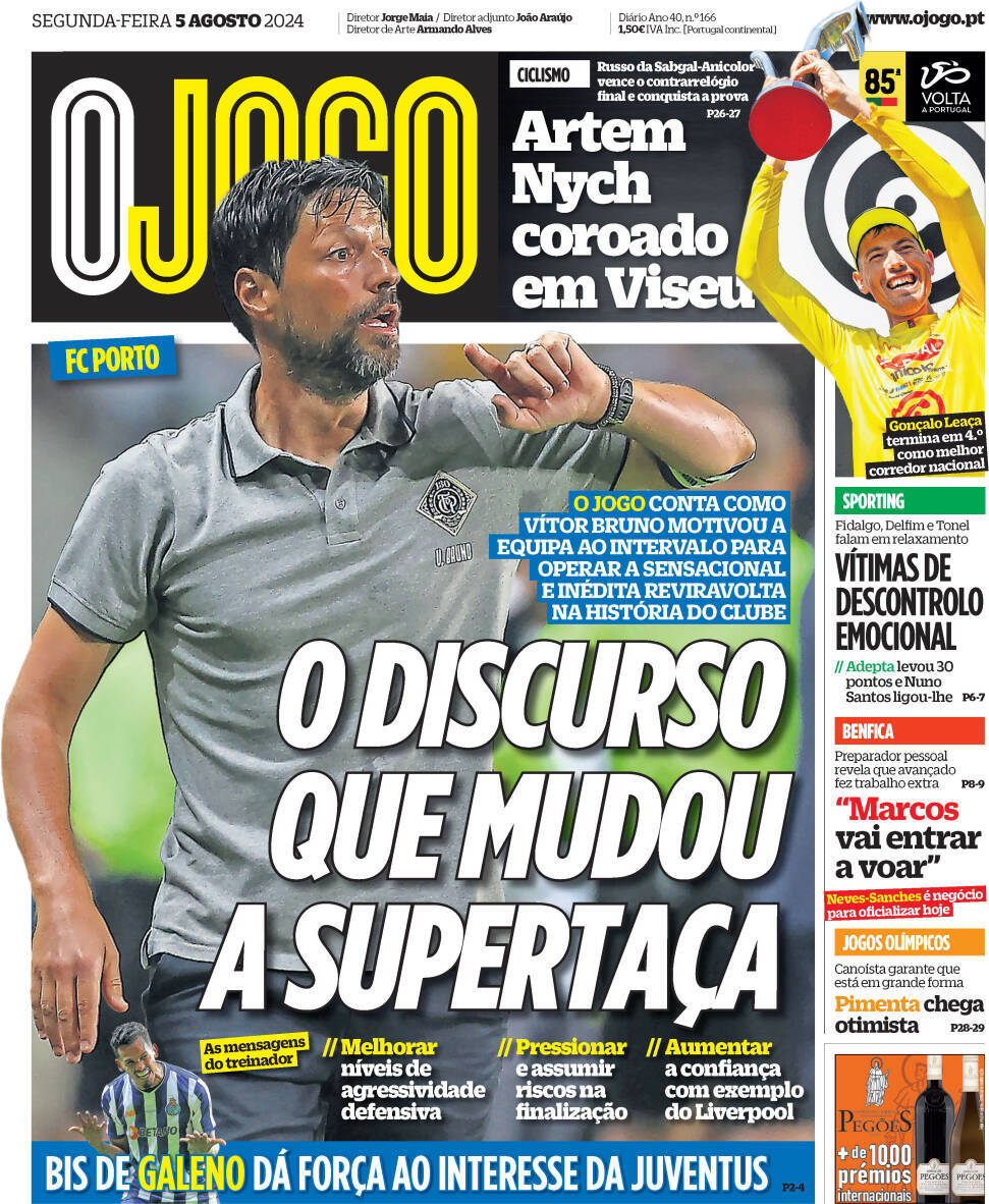 O Jogo: Capa da Edi&ccedil;&atilde;o de segunda-feira, 05 de agosto 2024