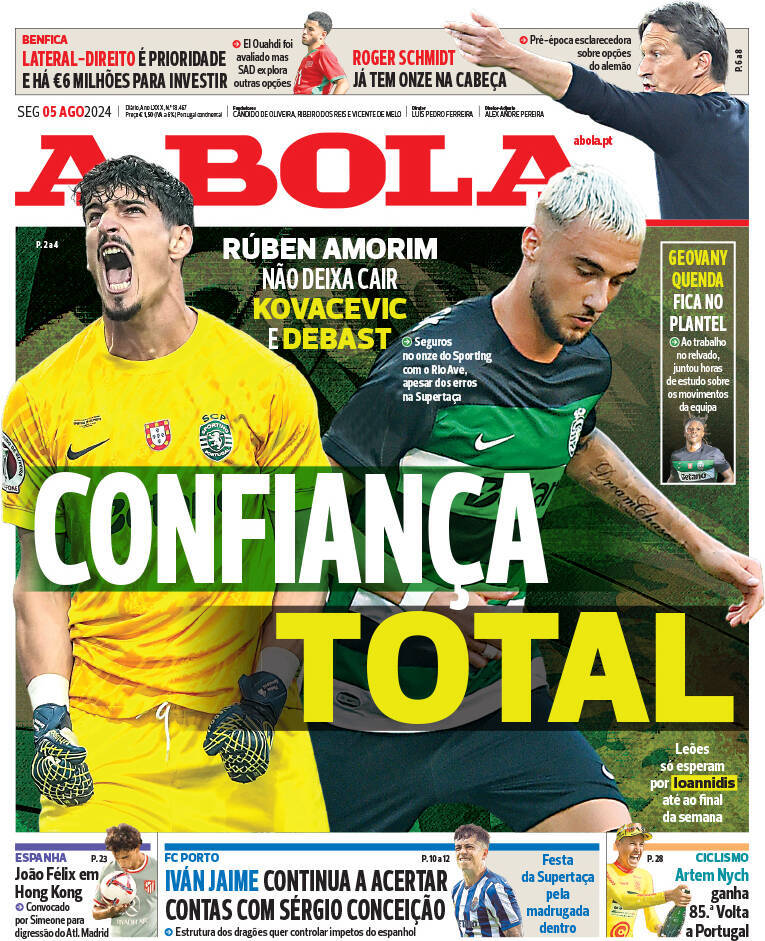 A Bola: Capa da Edi&ccedil;&atilde;o de segunda-feira, 05 de agosto 2024