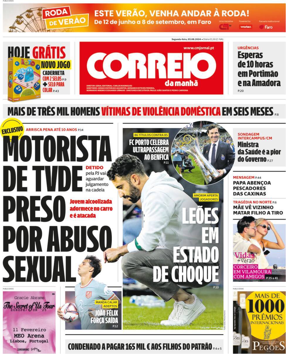 Correio da Manh&atilde;: Capa da Edi&ccedil;&atilde;o de segunda-feira, 05 de agosto 2024