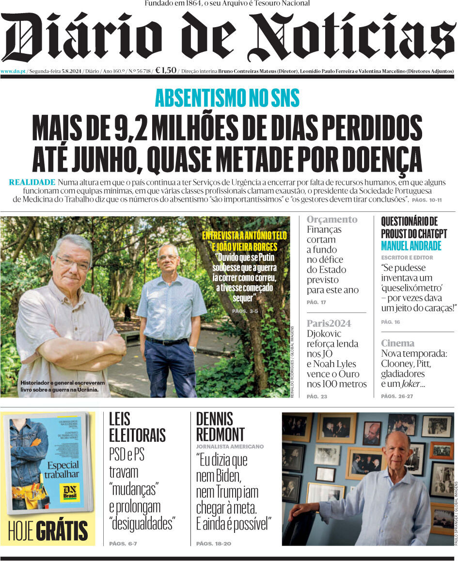 Di&aacute;rio de Not&iacute;cias: Capa da Edi&ccedil;&atilde;o de segunda-feira, 05 de agosto 2024