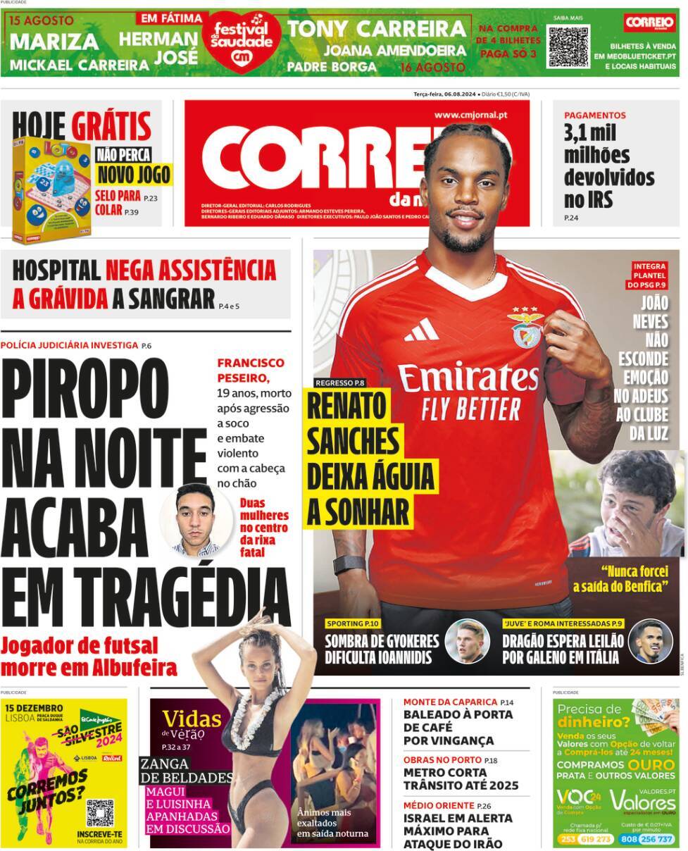 Correio da Manh&atilde;: Capa da Edi&ccedil;&atilde;o de ter&ccedil;a-feira, 06 de agosto 2024