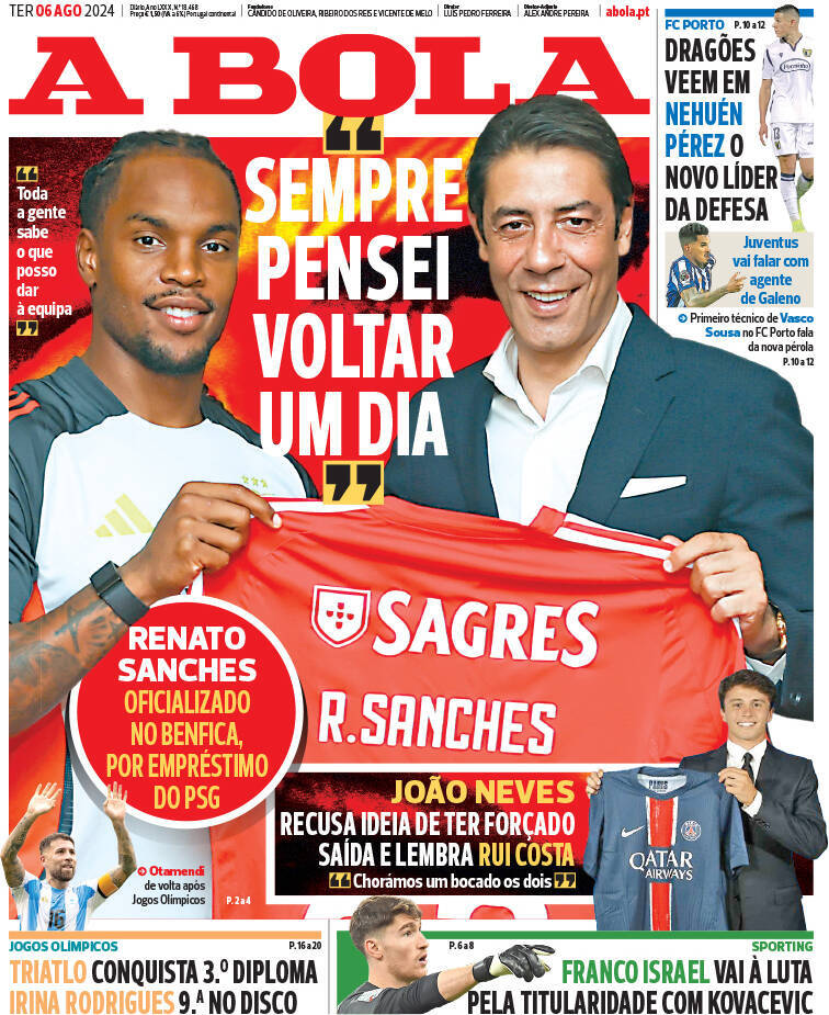 A Bola: Capa da Edi&ccedil;&atilde;o de ter&ccedil;a-feira, 06 de agosto 2024