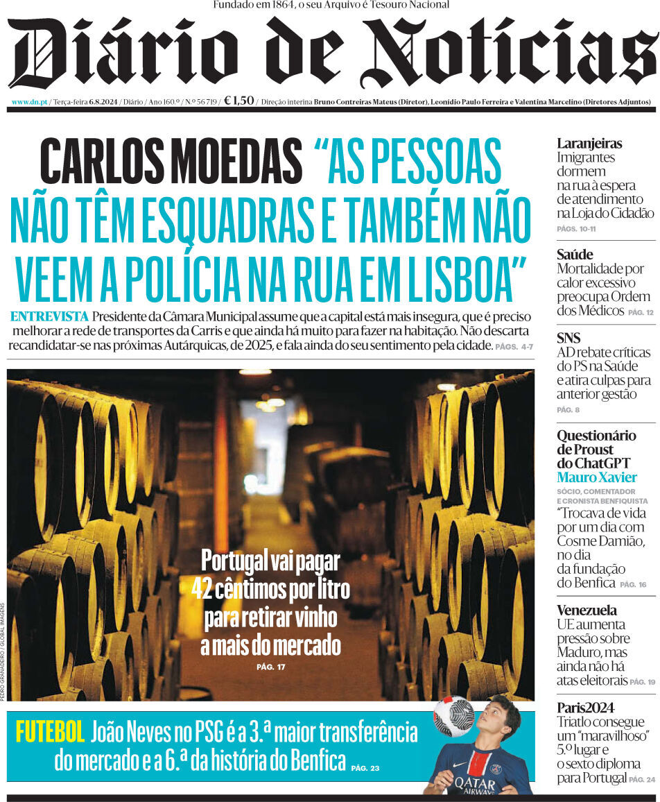 Di&aacute;rio de Not&iacute;cias: Capa da Edi&ccedil;&atilde;o de ter&ccedil;a-feira, 06 de agosto 2024