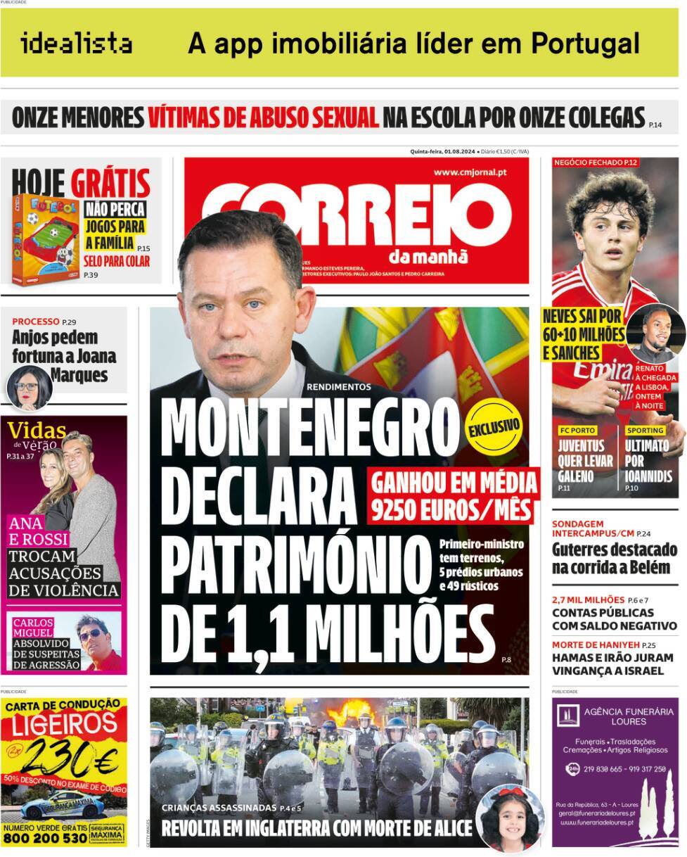 Correio da Manh&atilde;: Capa da Edi&ccedil;&atilde;o de quinta-feira, 01 de agosto 2024