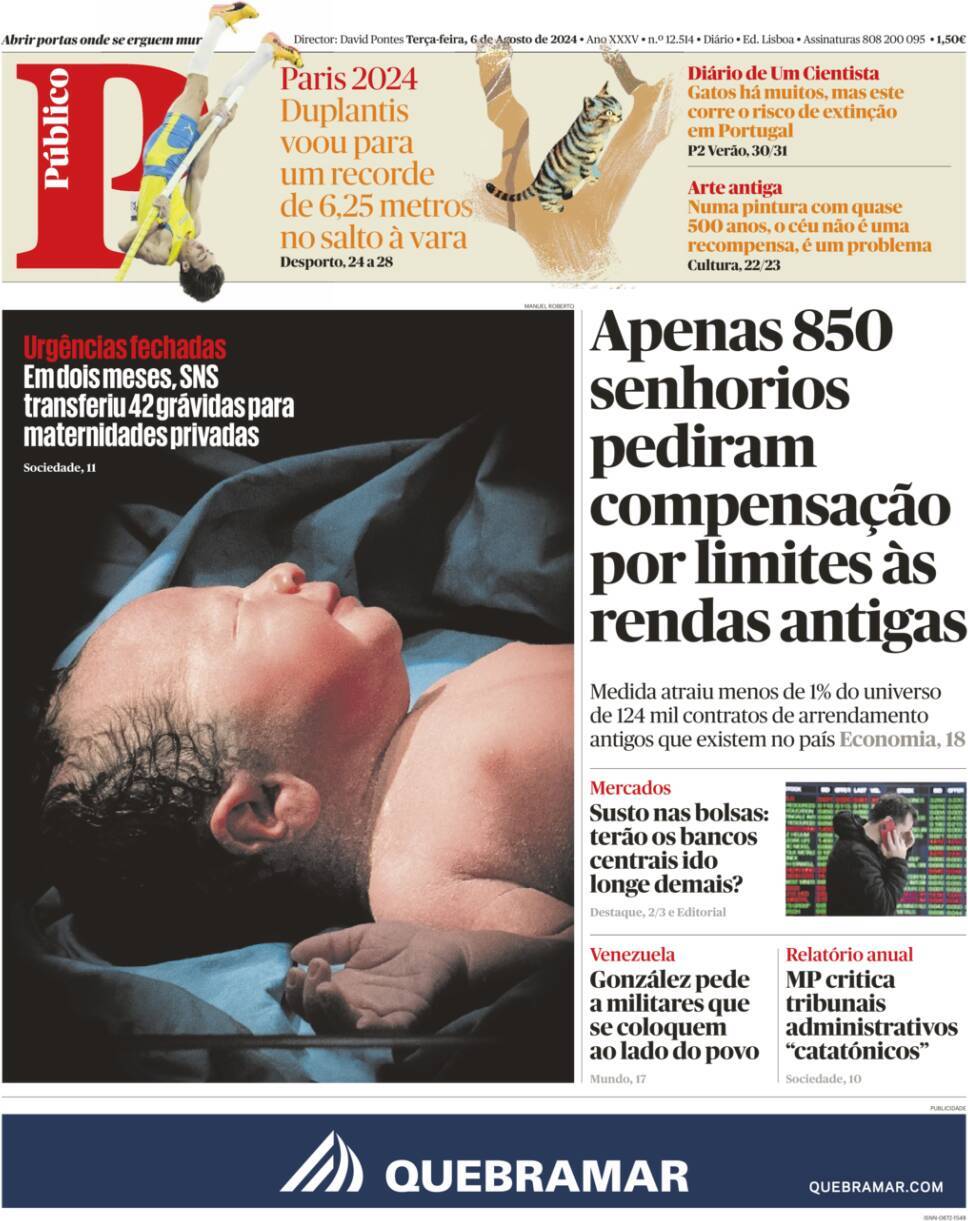 P&uacute;blico: Capa da Edi&ccedil;&atilde;o de ter&ccedil;a-feira, 06 de agosto 2024