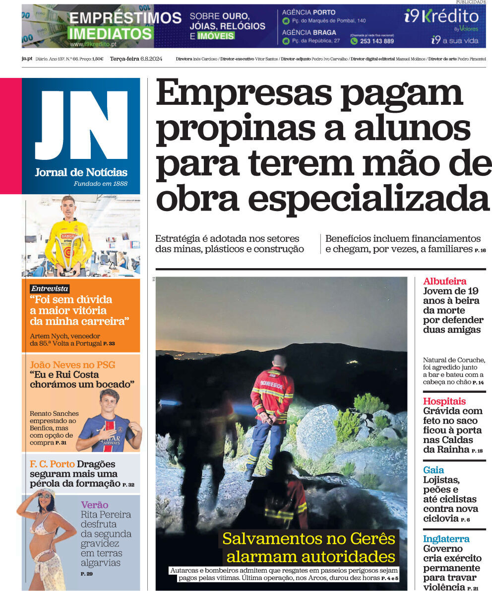 Jornal de Not&iacute;cias: Capa da Edi&ccedil;&atilde;o de ter&ccedil;a-feira, 06 de agosto 2024