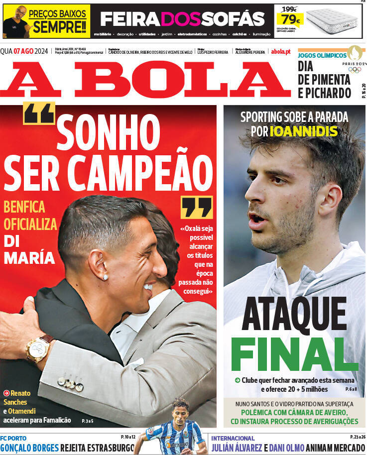 A Bola: Capa da Edi&ccedil;&atilde;o de quarta-feira, 07 de agosto 2024