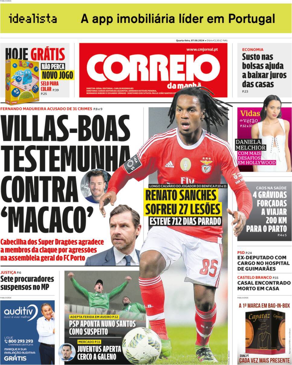 Correio da Manh&atilde;: Capa da Edi&ccedil;&atilde;o de quarta-feira, 07 de agosto 2024