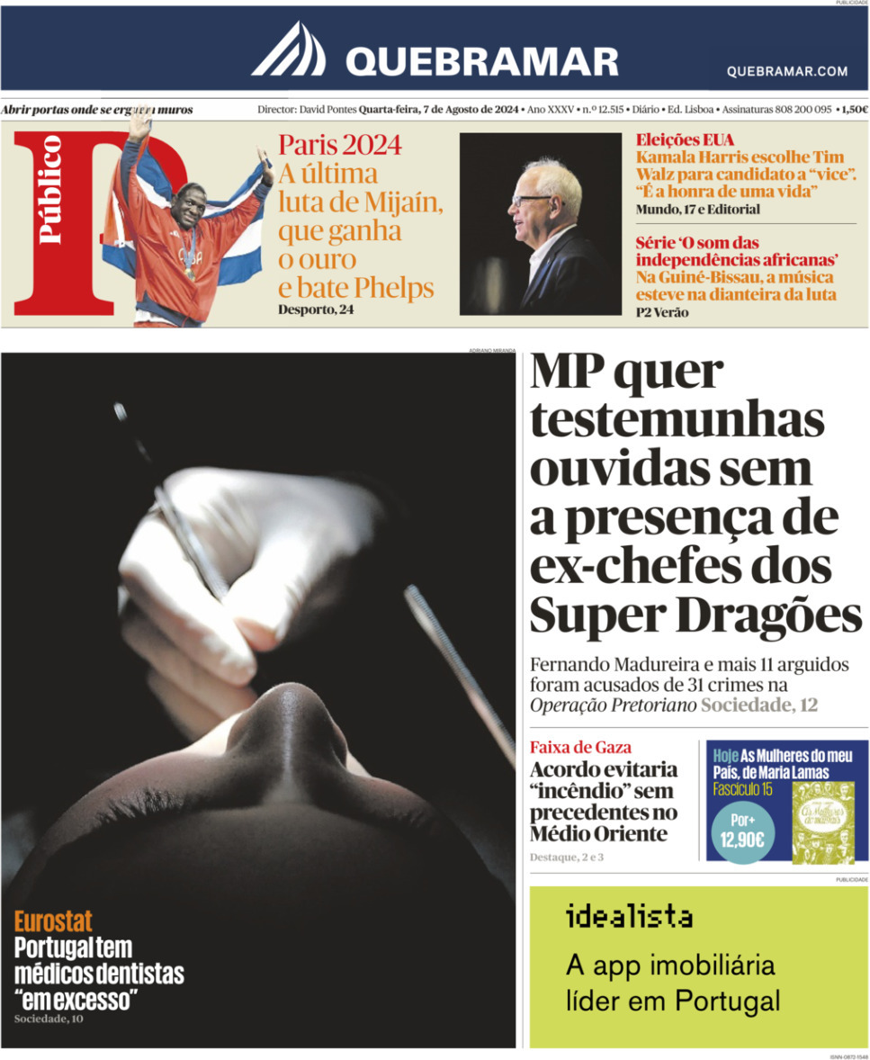 P&uacute;blico: Capa da Edi&ccedil;&atilde;o de quarta-feira, 07 de agosto 2024