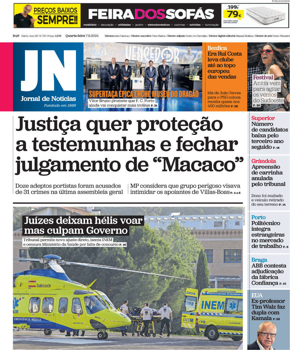 Jornal de Not&iacute;cias: Capa da Edi&ccedil;&atilde;o de quarta-feira, 07 de agosto 2024