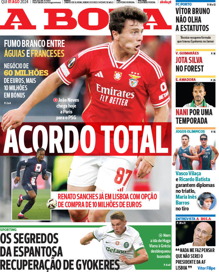 A Bola: Capa da Edi&ccedil;&atilde;o de quinta-feira, 01 de agosto 2024