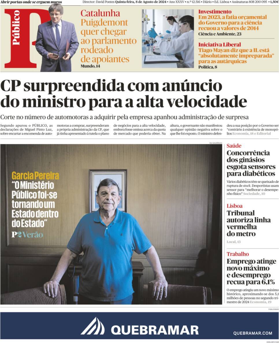 P&uacute;blico: Capa da Edi&ccedil;&atilde;o de quinta-feira, 08 de agosto 2024