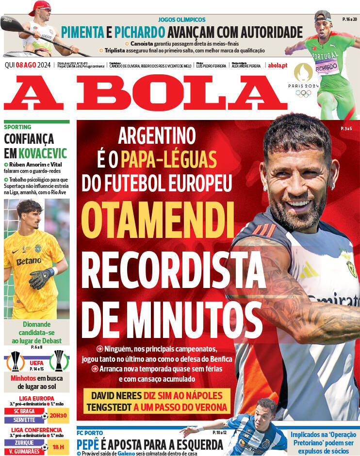 A Bola: Capa da Edi&ccedil;&atilde;o de quinta-feira, 08 de agosto 2024