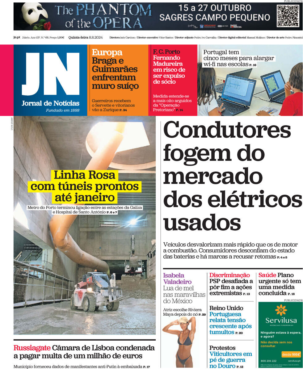 Jornal de Not&iacute;cias: Capa da Edi&ccedil;&atilde;o de quinta-feira, 08 de agosto 2024