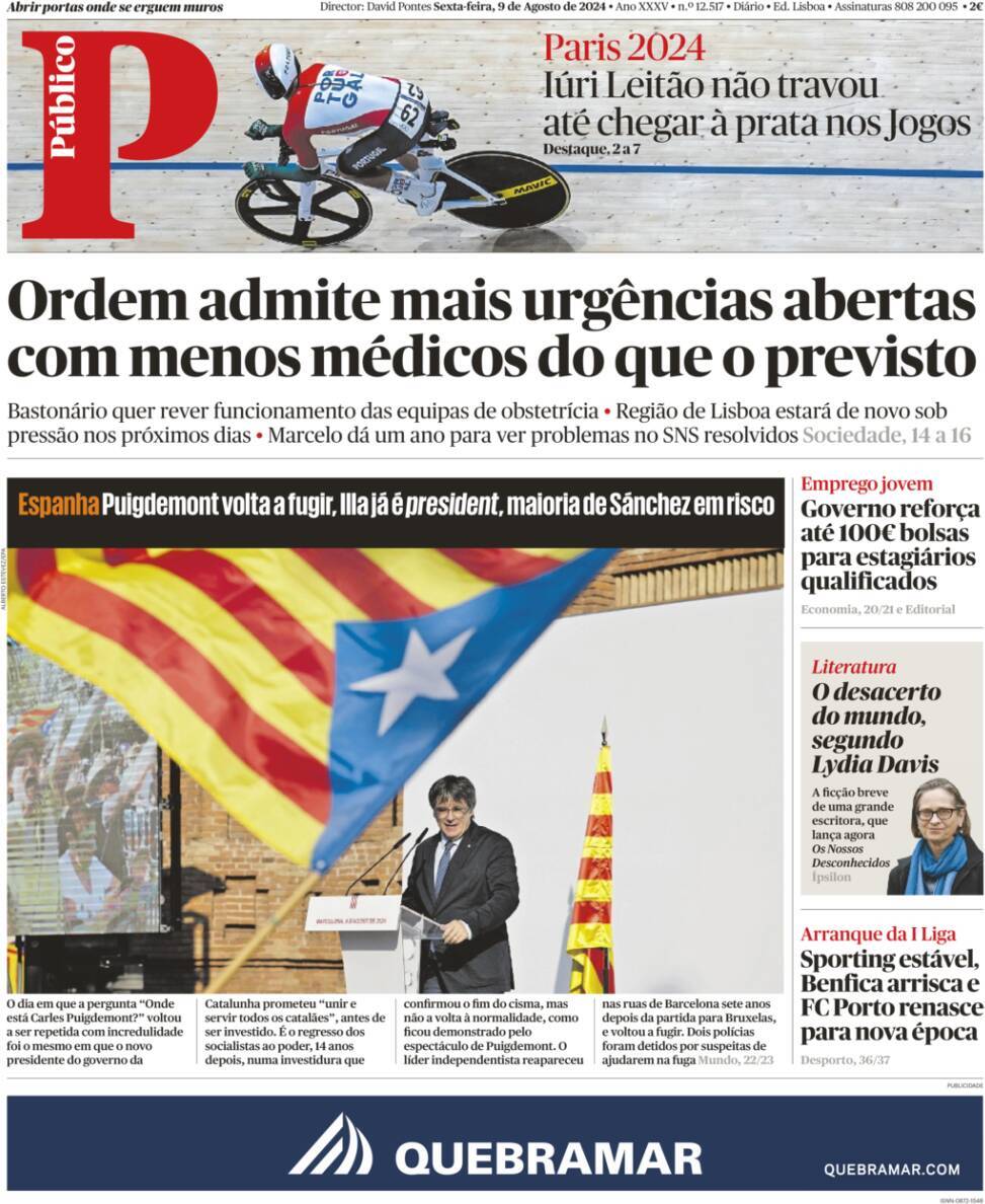 P&uacute;blico: Capa da Edi&ccedil;&atilde;o de sexta-feira, 09 de agosto 2024