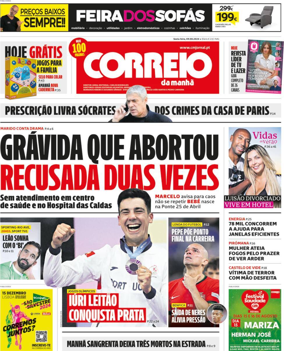 Correio da Manh&atilde;: Capa da Edi&ccedil;&atilde;o de sexta-feira, 09 de agosto 2024