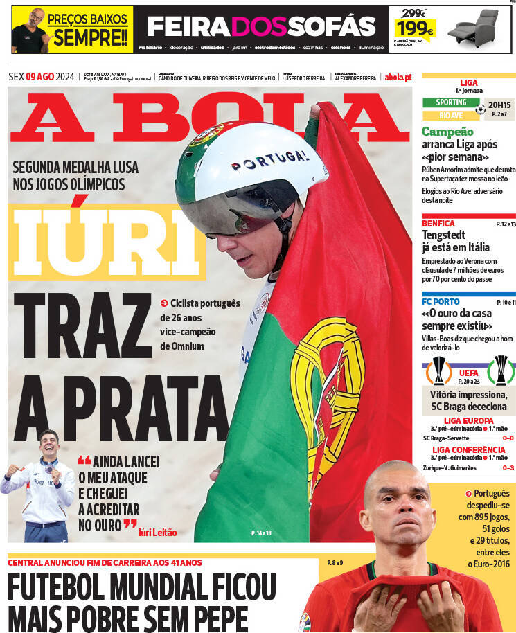 A Bola: Capa da Edi&ccedil;&atilde;o de sexta-feira, 09 de agosto 2024