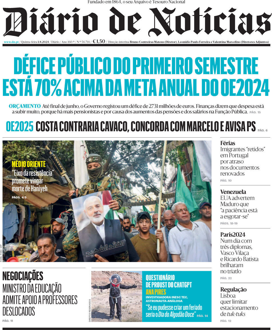 Di&aacute;rio de Not&iacute;cias: Capa da Edi&ccedil;&atilde;o de quinta-feira, 01 de agosto 2024