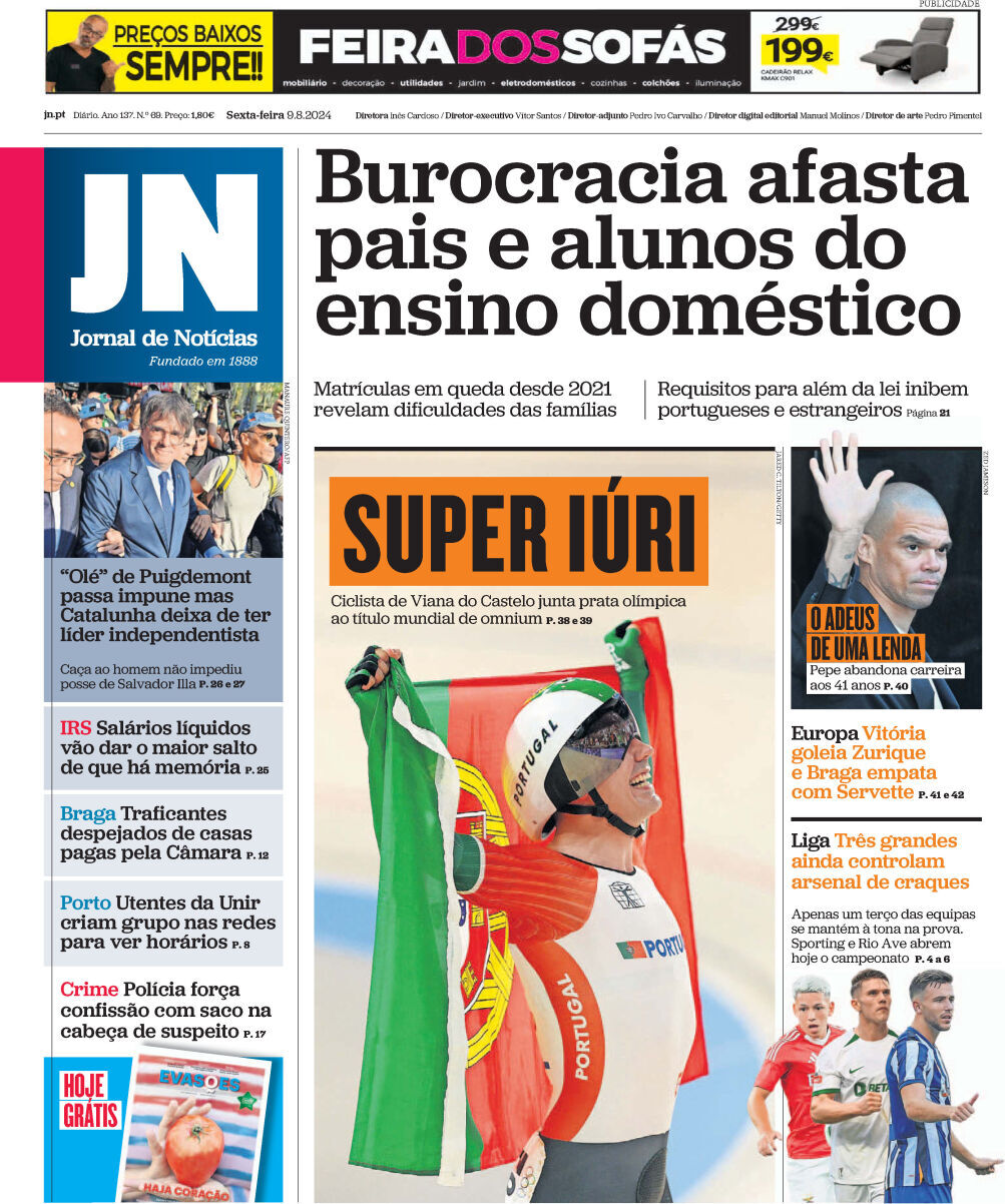 Jornal de Not&iacute;cias: Capa da Edi&ccedil;&atilde;o de sexta-feira, 09 de agosto 2024