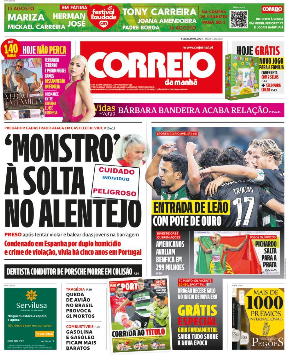 Correio da Manh&atilde;: Capa da Edi&ccedil;&atilde;o de s&aacute;bado, 10 de agosto 2024