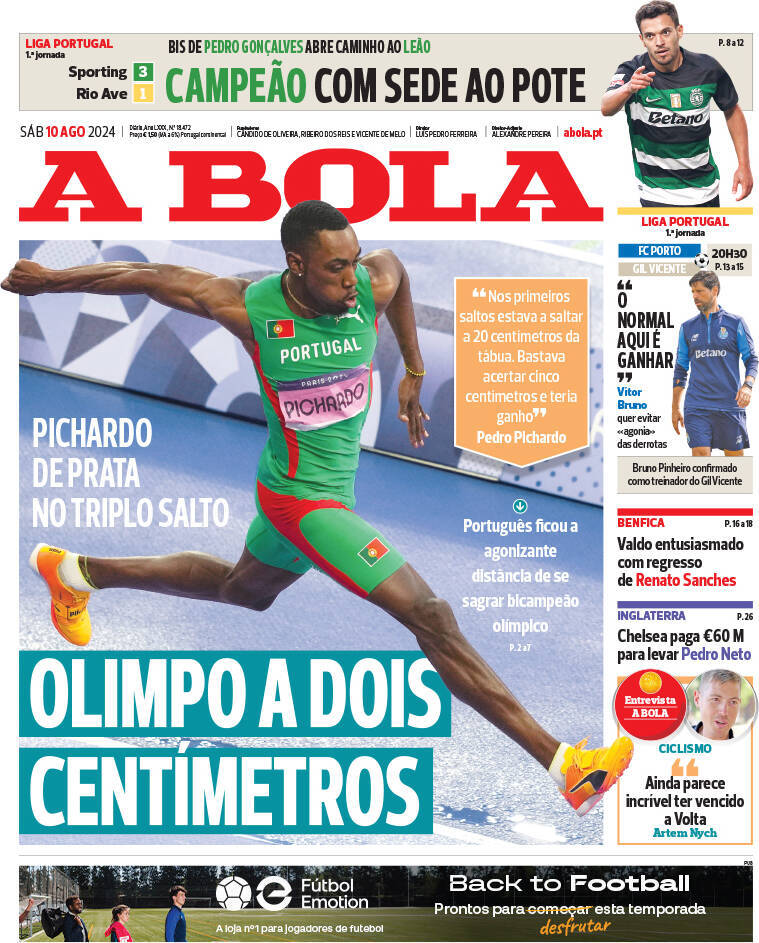 A Bola: Capa da Edi&ccedil;&atilde;o de s&aacute;bado, 10 de agosto 2024