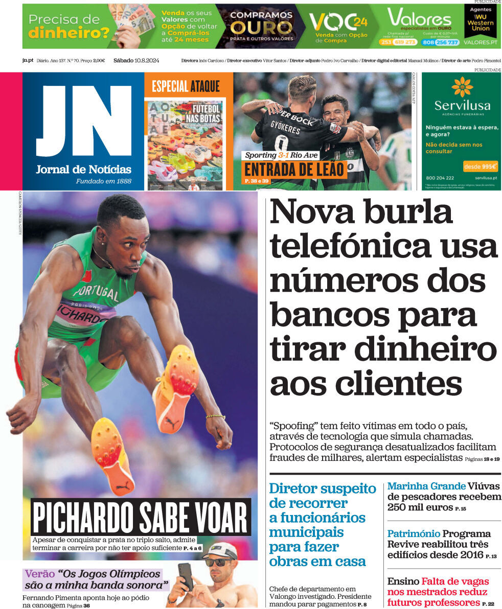 Jornal de Not&iacute;cias: Capa da Edi&ccedil;&atilde;o de s&aacute;bado, 10 de agosto 2024